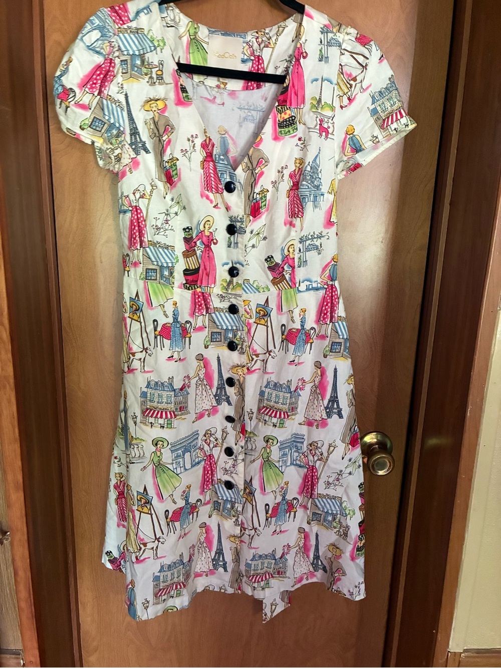 White Vintage Button Front Dress with Colorful Parisian Print Mod Cloth Medium